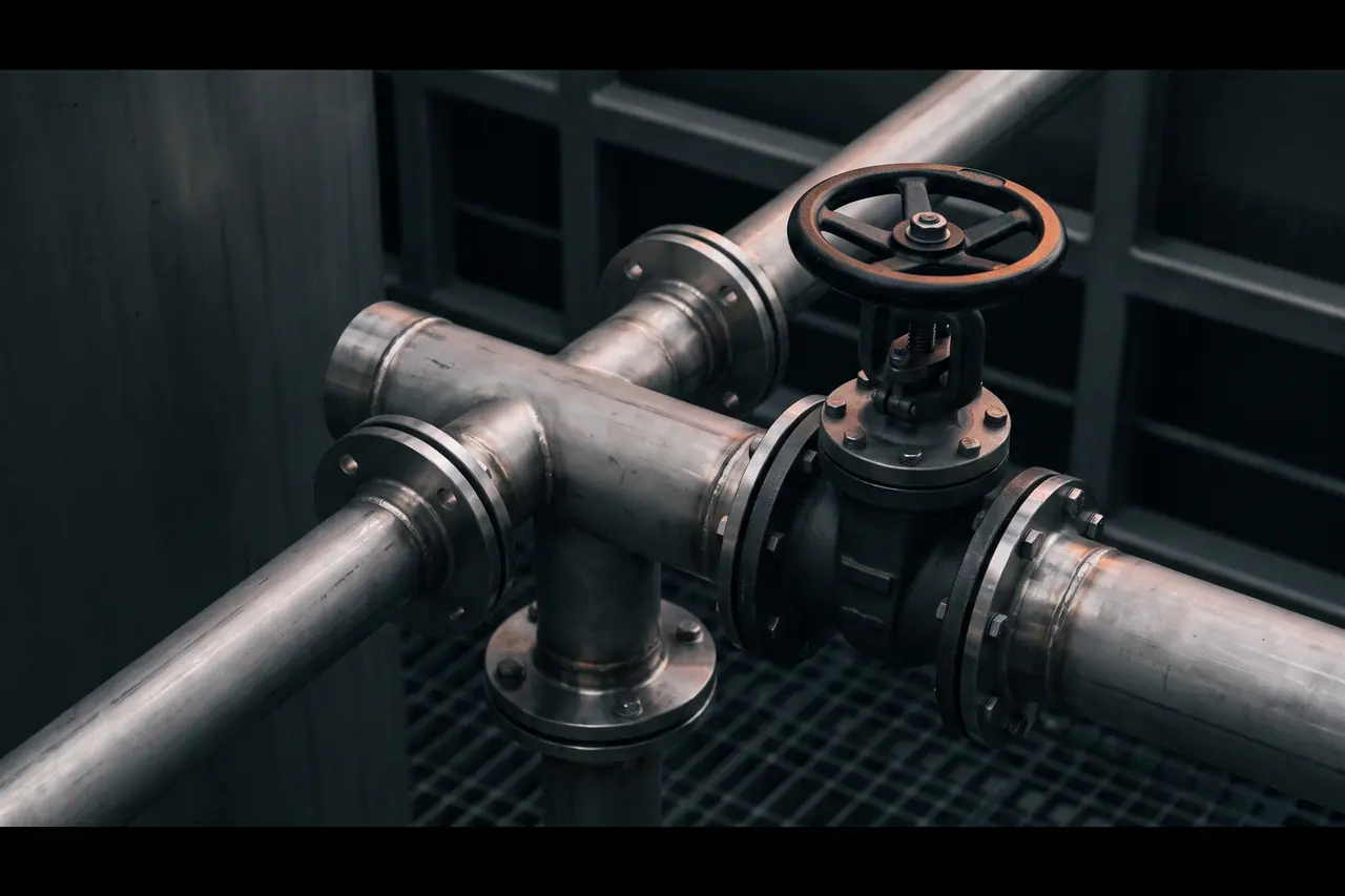 Welded stainless steel pipes: three thinner strands converge from three directions into a thicker one, shortly behind it sits a shut-off valve with a handwheel.