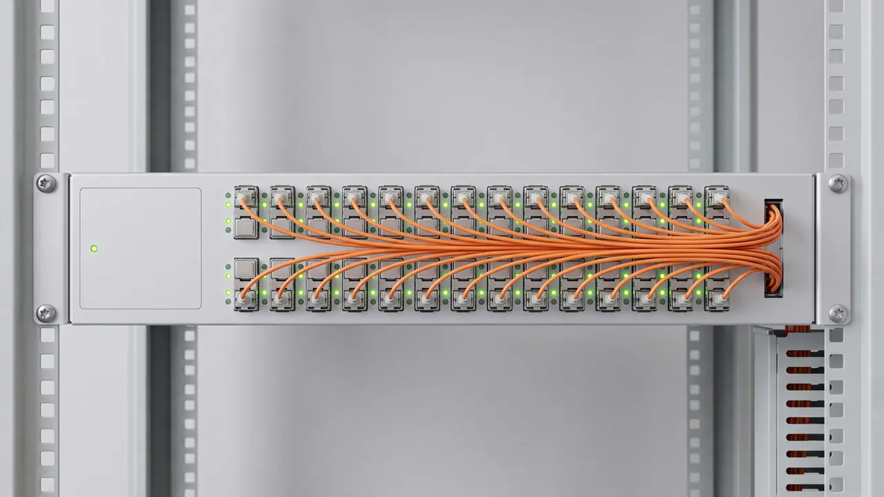 Ein Switch in einem hellen Gestell: zwei Reihen Glasfaser-Steckplätze mit orangefarbenen Kabeln, die gebündelt zur rechten Seite laufen; neben den Steckplätzen leuchten grüne Lichter.