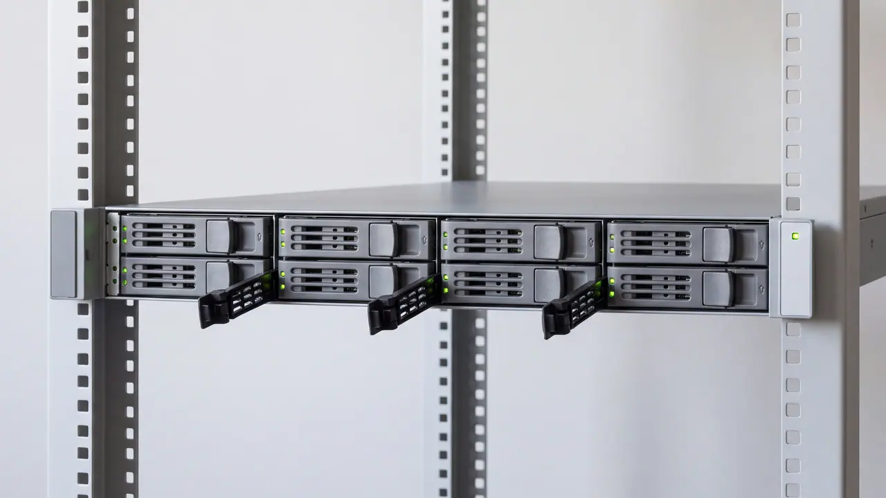 Ein flacher Server in einem hellen Gestell mit acht Laufwerksträgern in zwei Reihen; an drei Trägern ist der schwarze Hebel geöffnet, an jedem leuchtet ein grünes Licht.