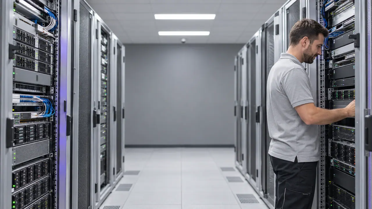 Blick durch den Gang zwischen zwei Reihen silbergrauer Serverschränke in einem hellen Rechenzentrumsraum. Die Schranktüren stehen offen und geben waagerecht eingebaute Rackserver frei: gelochte Blenden, Reihen von Laufwerksschächten, gebündelte blaue Patchkabel und kleine grüne Statuslichter. Rechts steht ein Techniker im hellgrauen Polohemd und in dunkler Arbeitshose im Profil vor einem Schrank und greift an einen eingebauten Server. Der Gang läuft über hellen Plattenboden mit zwei Reihen perforierter Lüftungsplatten auf eine schlichte mittelgraue Wand am Ende zu; in der Decke liegen zwei längliche Leuchtenfelder.