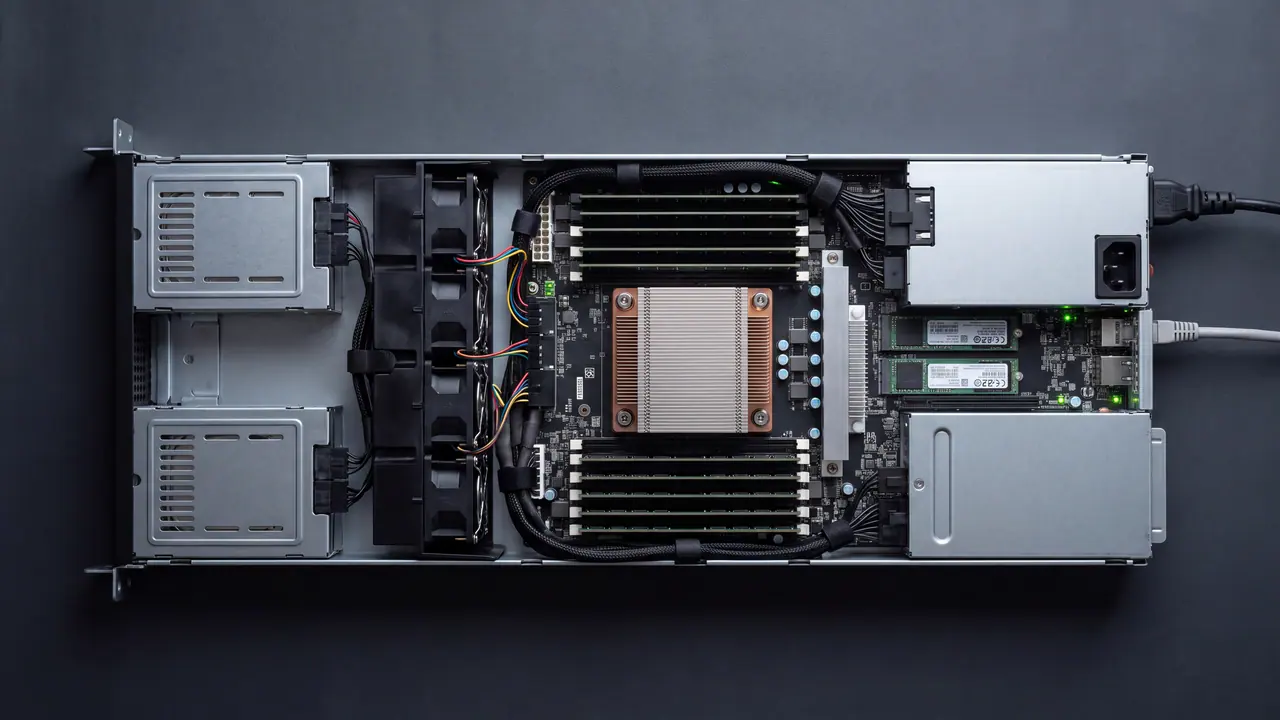 A single open 1U server from above on a dark workbench mat: on the left, the closed covers of two drive sleds, next to them a row of upright fans with wire grilles, in the middle the heatsink on a copper base with four spring-loaded screws, above and below it four memory modules each with flat retaining clips, on the right a power supply unit with a plugged-in IEC cable, two M.2 modules and a grey network cable.