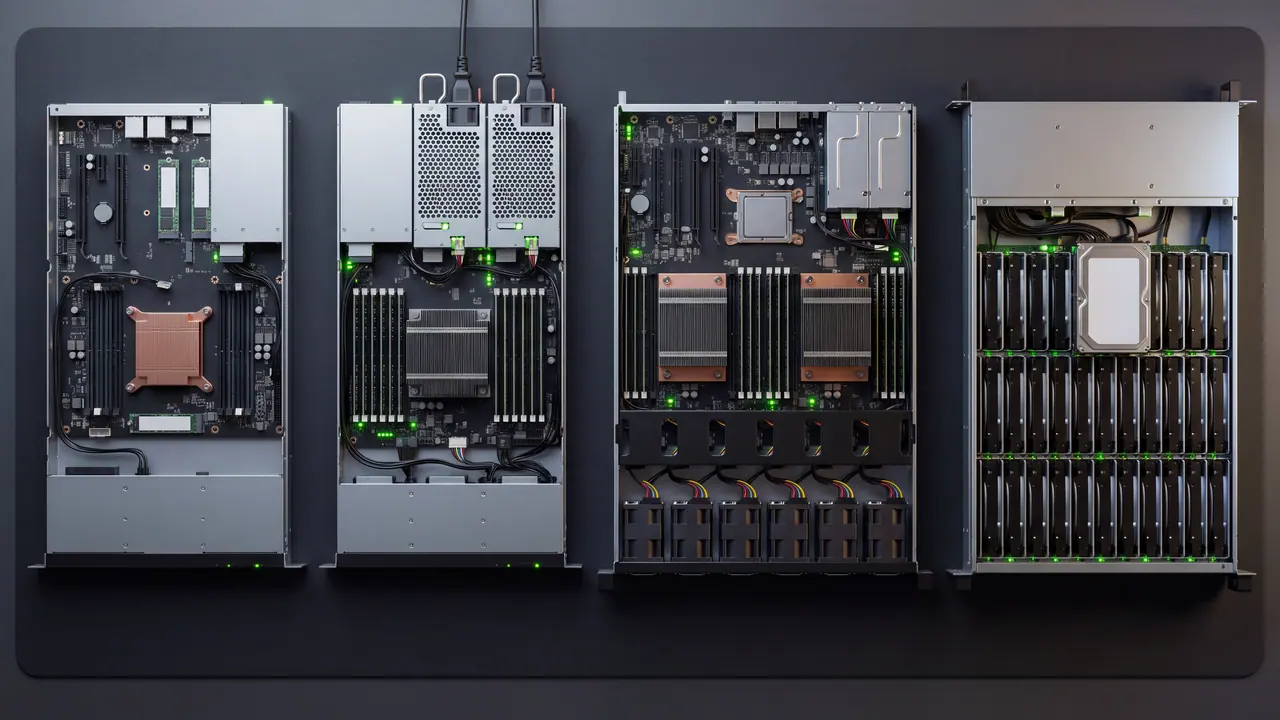 Four open servers side by side from above on a dark workbench mat, showing the differences between the platforms: a short 1U server with one heatsink, few memory slots and a third of empty sheet metal; a 1U server with two power supply modules and populated memory banks on both sides; a 2U server with two heatsinks on copper bases, dense rows of memory and a fan wall; and a 4U storage chassis with upright hard drives in sleds, one of which is lifted out.