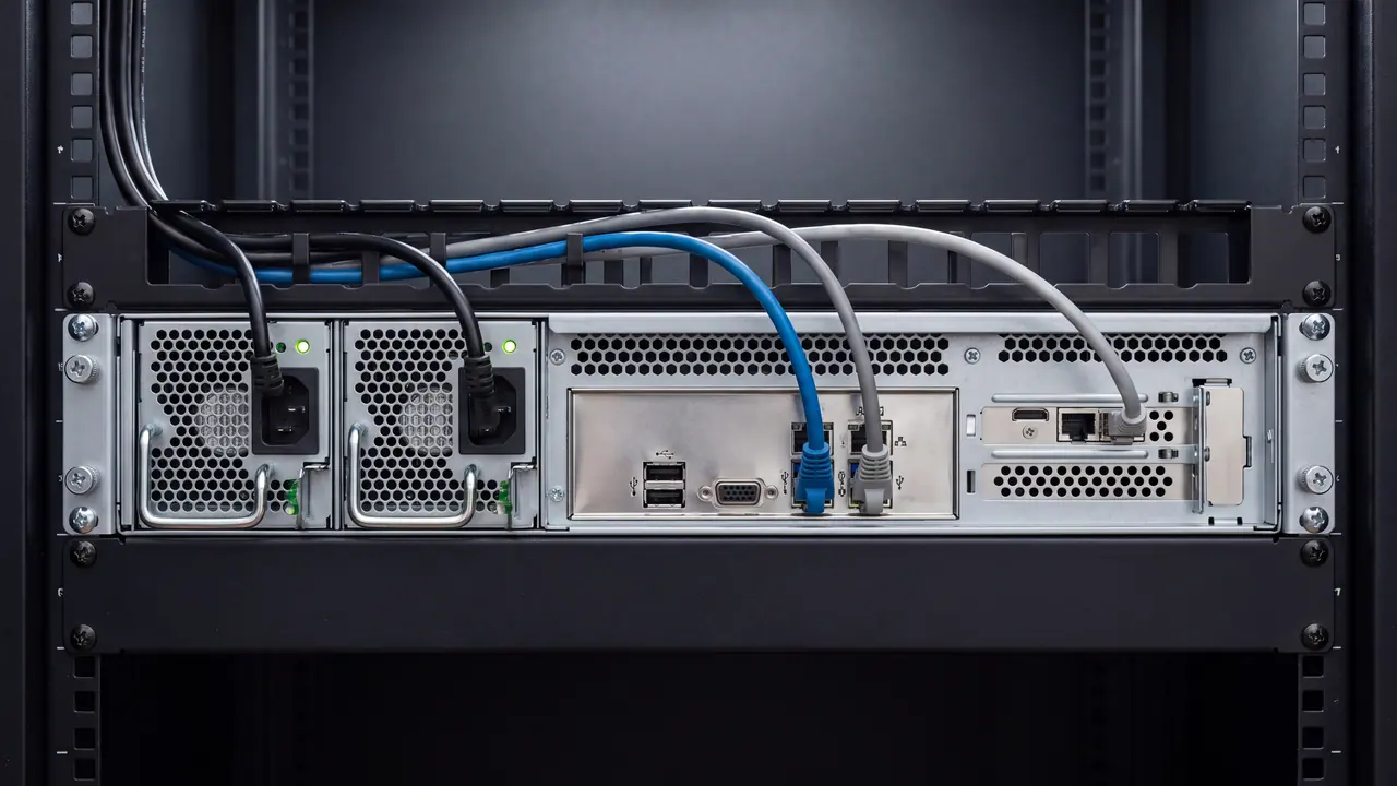 The rear of an installed server, exactly head-on between the black rack rails: on the left, two power supply modules with perforated ventilation grilles, bow handles, a green status light and one plugged-in power cable each; in the middle, the connection panel behind a sheet metal cover with USB, video and network ports, into which a blue and a grey cable are plugged; on the right, a network card with a second grey cable. Above it is a cable management arm into which all cables run, below it a blanking panel.