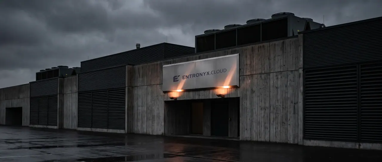 Windowless data centre facade at night, above the entrance an illuminated sign with the ENTRONYX CLOUD wordmark.
