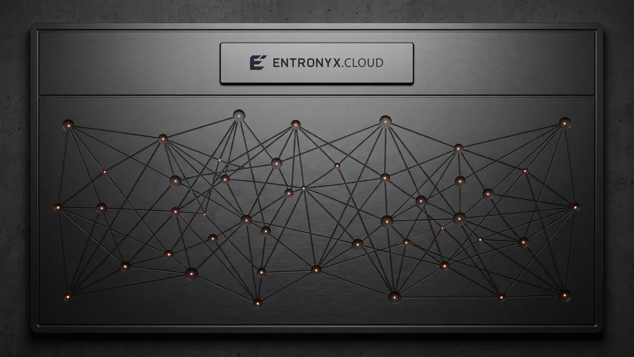 Geätzte Metalltafel an einer Betonwand: gefräste Knoten und Linien als Netzdiagramm, im Kopffeld die Wortmarke ENTRONYX CLOUD.
