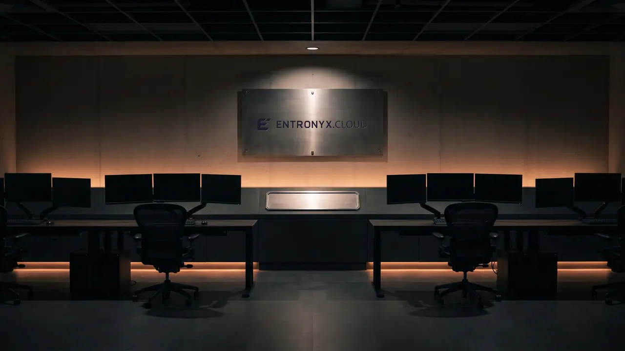 Empty operations room at night: three workstations with switched-off monitors in a row, on the front wall a brushed steel plaque with the ENTRONYX CLOUD wordmark, the only light source is a copper-coloured light strip at the base of the wall.