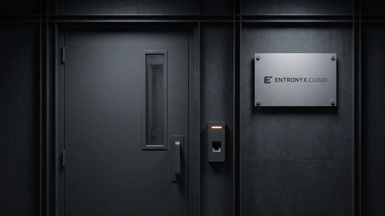 Stahltür einer Zutrittsschleuse mit Kartenleser und biometrischem Terminal, rechts daneben ein Schild mit der Wortmarke ENTRONYX CLOUD.
