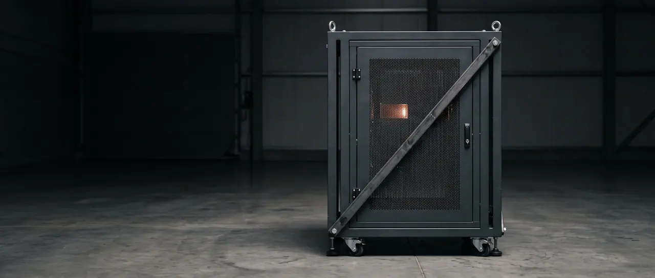A fully populated, closed rack with attached transport protection.