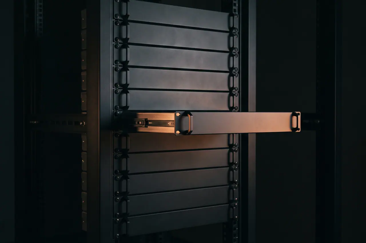 A row of uniform front panels in a rack, exactly one of them pulled out slightly.