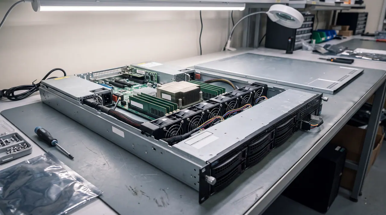 Geöffnetes 2-HE-Servergehäuse von schräg oben auf der Werkbank: Kühlkörper mit Kupferboden über dem Sockel, bestückte und verriegelte Speicherbänke, Lüfterwand, hinten die Netzteile mit Kaltgerätebuchse, an der Front die Laufwerkseinschübe.