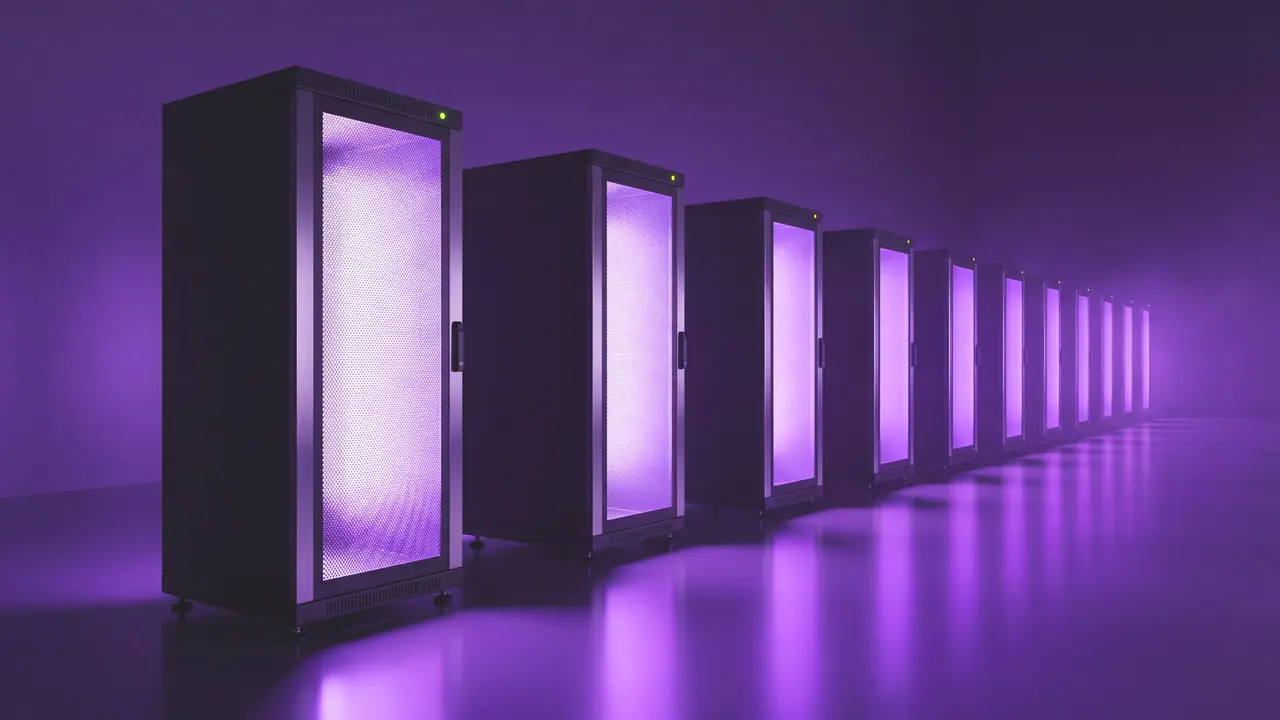 Eine gerade Reihe baugleicher Serverschränke läuft von links vorn schräg nach rechts in die Tiefe eines dunklen, violett ausgeleuchteten Raums. Der vorderste steht groß und nah: eine gelochte Tür, hinter der die Einschübe violett bis fast weiß leuchten, ein kleiner grüner Statuspunkt oben an der Tür. Hinter ihm folgt derselbe Schrank wieder und wieder in gleichmäßigem Abstand, jeder etwas kleiner und schwächer leuchtend, bis die hintersten nur noch violette Lichtblöcke sind. Der glatte Boden spiegelt unter jedem Schrank sein Licht.