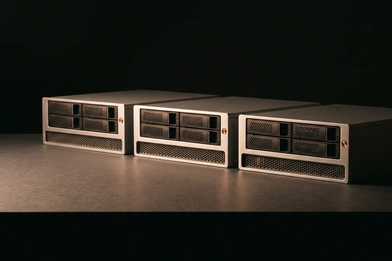 Two identical server bays next to each other, one with a green, one with a blue status light.