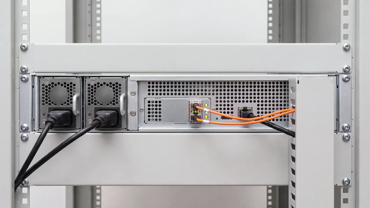 Rückseite eines Knotens im hellgrauen Gestell: links zwei Netzteile mit schwarzen Netzkabeln, rechts Glasfaseranschlüsse mit orangefarbenen Kabeln und daneben ein einzelner Kupferanschluss mit schwarzem Kabel, alle Leitungen in einen seitlichen Kabelkanal geführt.