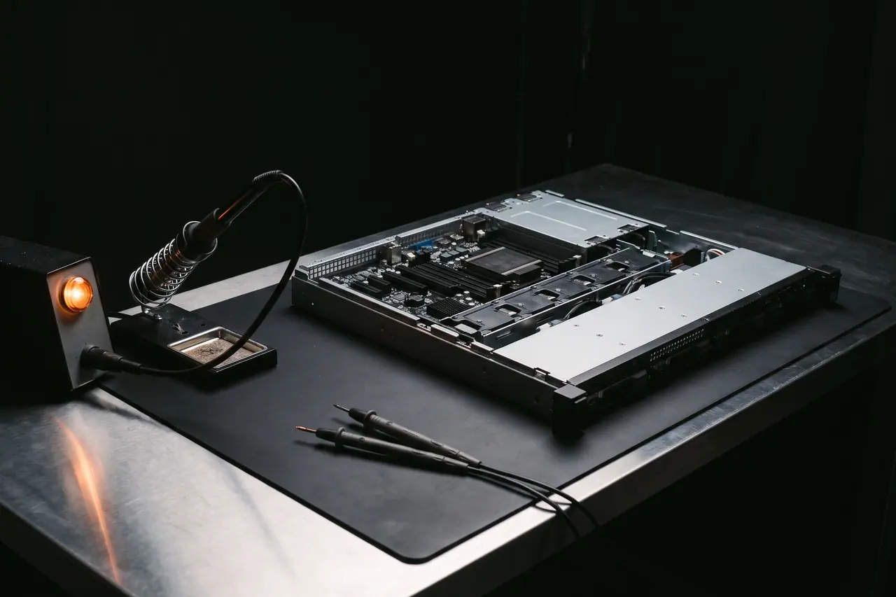 Workspace with two monitors, an open terminal window and a notepad, next to a casing part on the workbench.