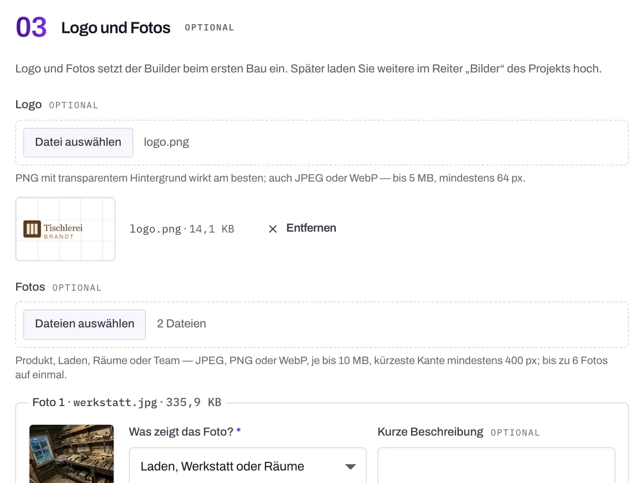 The “Logo and photos” step on the “New project” page in the ENTRONYX Console: the uploaded logo of the carpentry as a preview, below it two photos, the workshop as “Shop, workshop or premises” and a chair as “Product or goods”, each with a field for a short description; on the right the overview “How your project is created”.