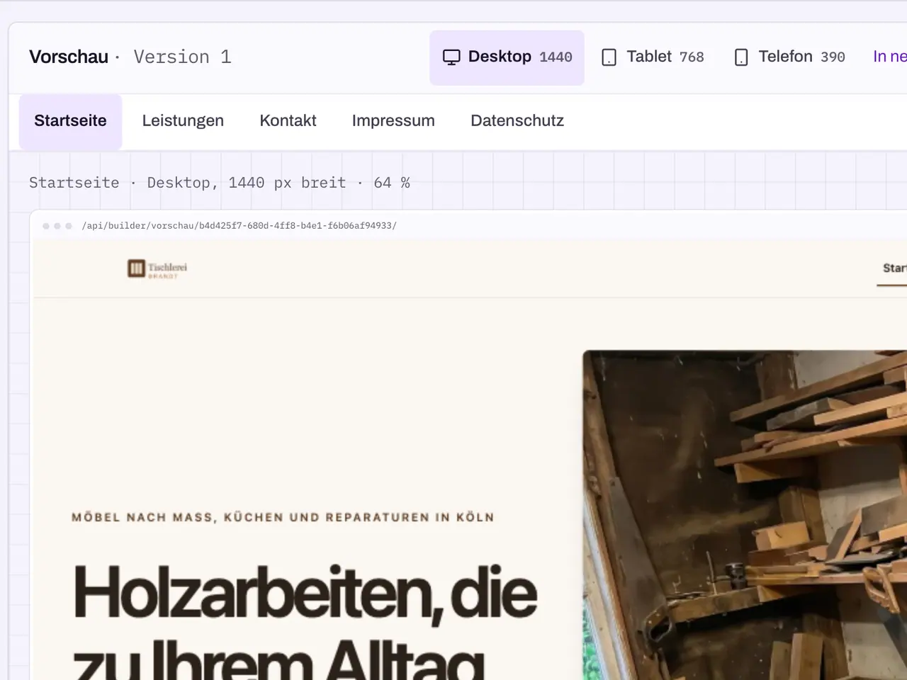 The editor of the “Tischlerei Brandt” project: at the top “Done” and “Passed” for version 1, on the left the history with the builder's answers, on the right the preview of the built website with the logo in the header, the headline “Woodwork that fits your everyday life” and the workshop photo.