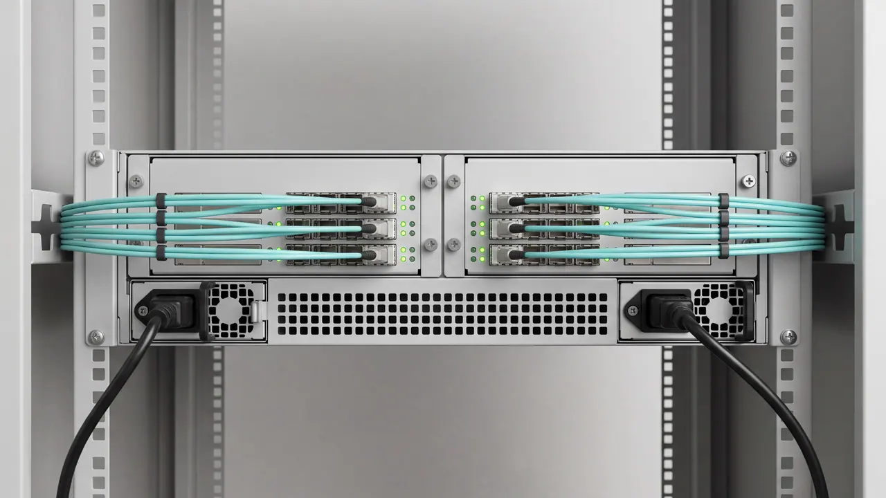 Rückseite eines Speicher-Controllers im Rack: zwei baugleiche Module mit je vier gesteckten Glasfaserkabeln, nach links und rechts getrennt geführt, zwei Netzteile mit gesteckten Kabeln.