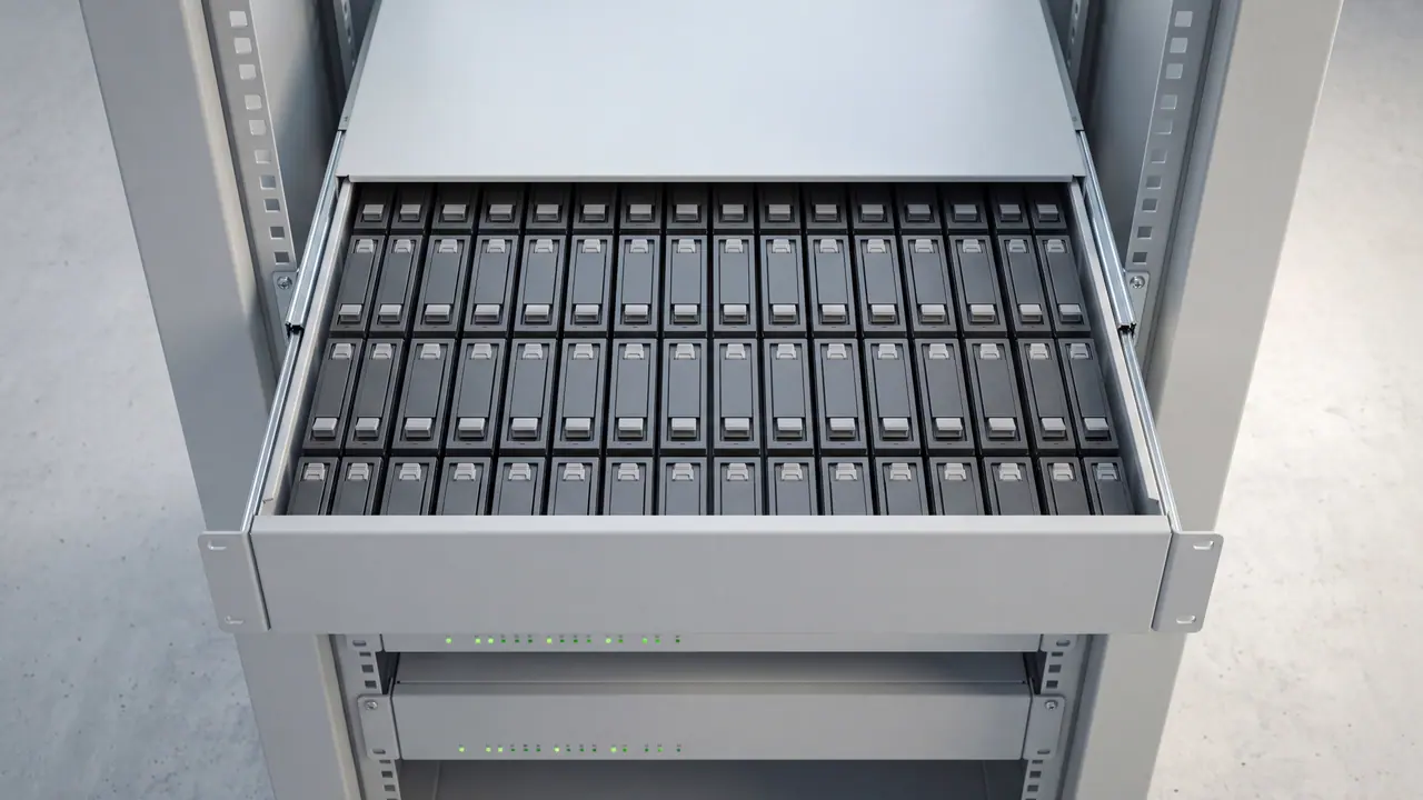 Von oben in die geöffnete Schublade eines Platten-Shelfs: Reihen aufrecht stehender Festplatten, jeder Schacht belegt; darunter ein geschlossenes baugleiches Shelf.