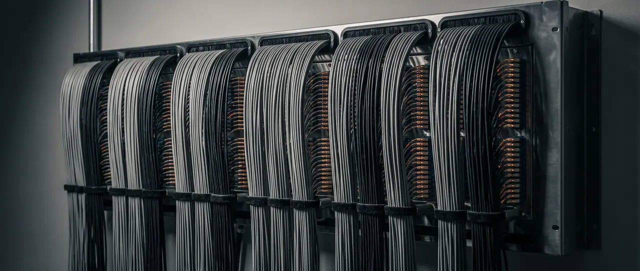 Fibre optic patch panel from the front: bundled patch cables in even curves, warm light emerges from the connectors.