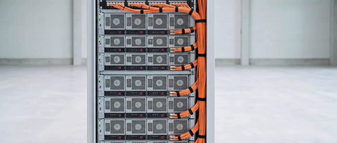 Baugleiche GPU-Knoten übereinander in einem offenen Rack, vorn ihre Lüfterfronten; rechts läuft ein mit Klettbändern gebündelter Strang oranger Glasfaserkabel.
