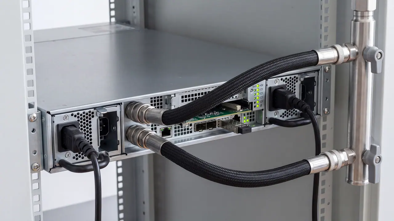 Rückseite eines Rechenknotens im Rack: Zwei schwarze, geflochtene Kühlmittelschläuche führen von Schnellkupplungen am Gehäuse zu einem senkrechten Verteilerrohr aus Edelstahl mit Absperrventilen.