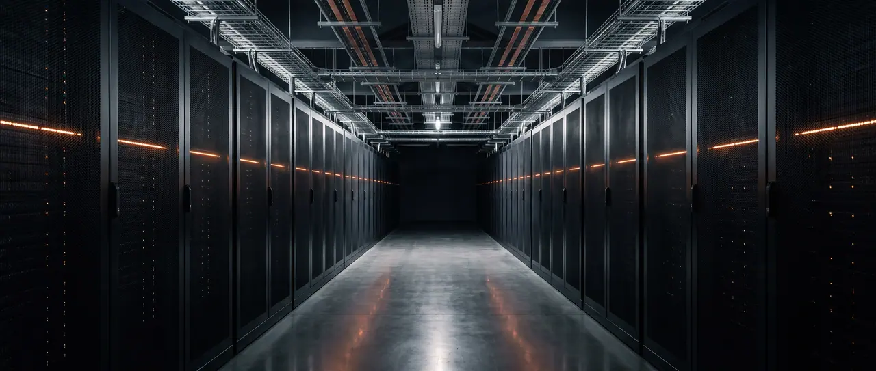 Gang zwischen zwei Reihen schwarzer Serverschränke, Kabeltrassen unter der Decke, Streiflicht auf den Türen.