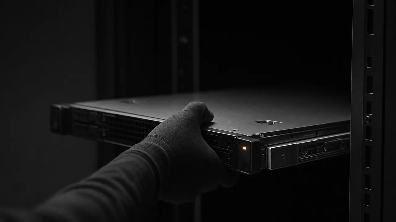 Two hands over a rack blanking panel: one holds a server blade, the other grasps it — the blade visibly changes hands.