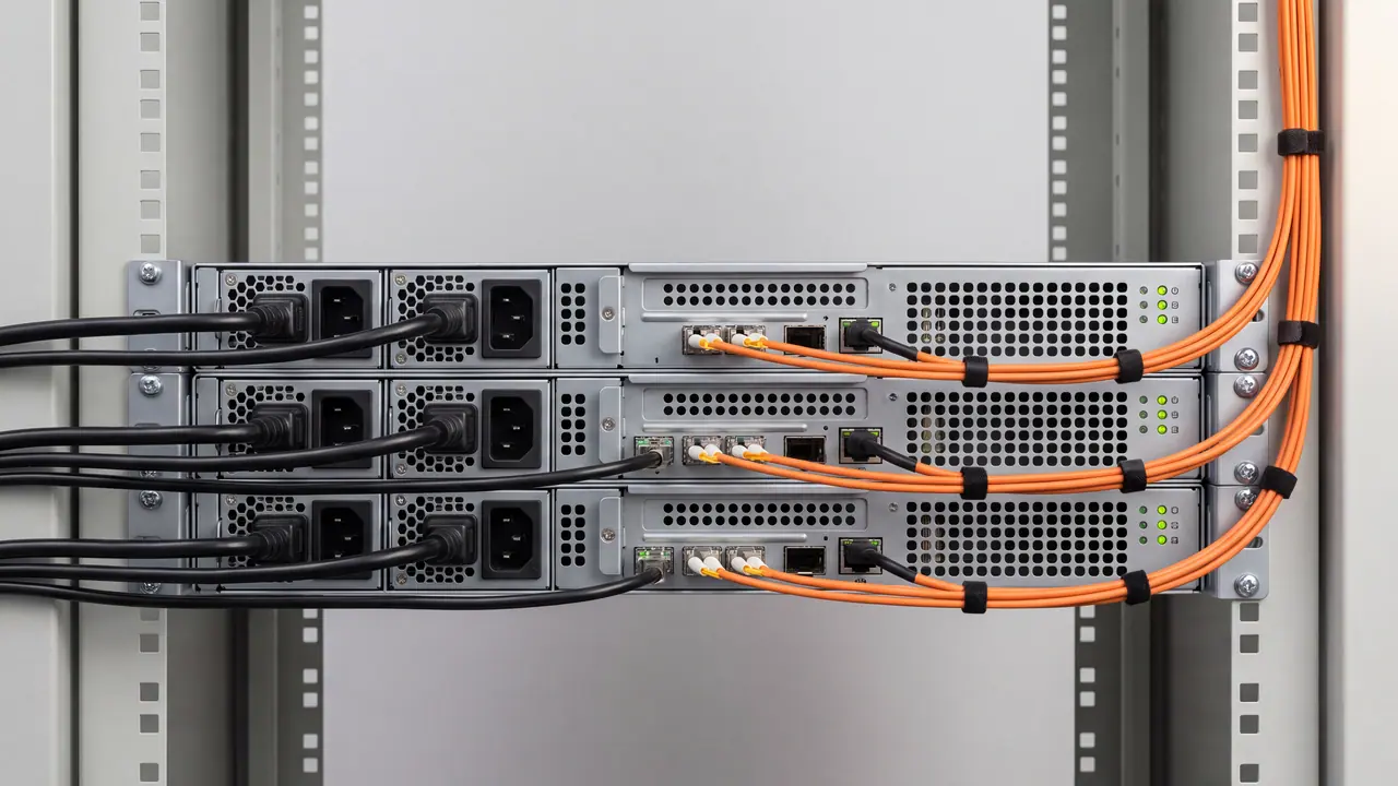 Rückseiten dreier baugleicher Knoten im Rack, an jedem zwei Glasfasern gesteckt und nach oben zur Fabric gebündelt.