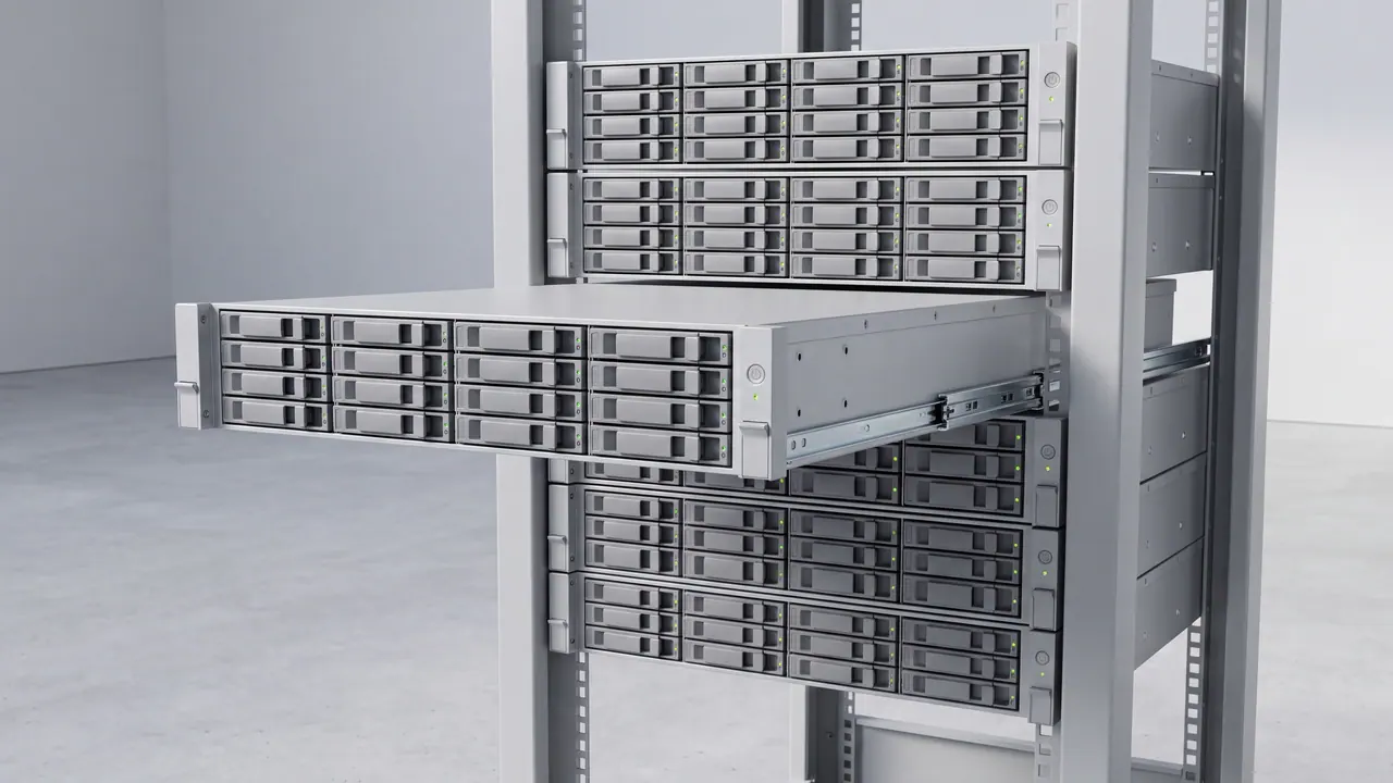Sechs baugleiche Knoten in einem offenen Rack; der dritte von oben ist auf Schienen weit herausgezogen, die Statusleuchten aller sechs leuchten grün.