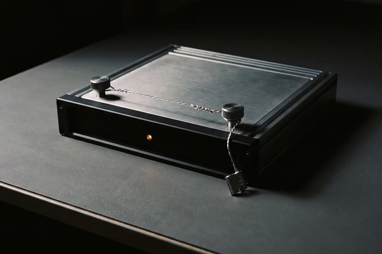 Ein Hardware-Sicherheitsmodul im Einschub, Frontblende mit Siegel und Kartenschacht, daneben eine verplombte Kassette.