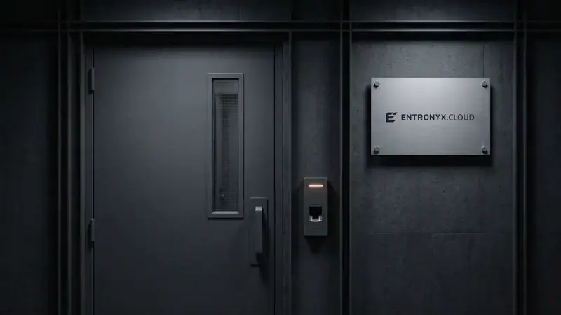Two closed steel doors with ENTRONYX CLOUD signs, warm light moving up and down above them.