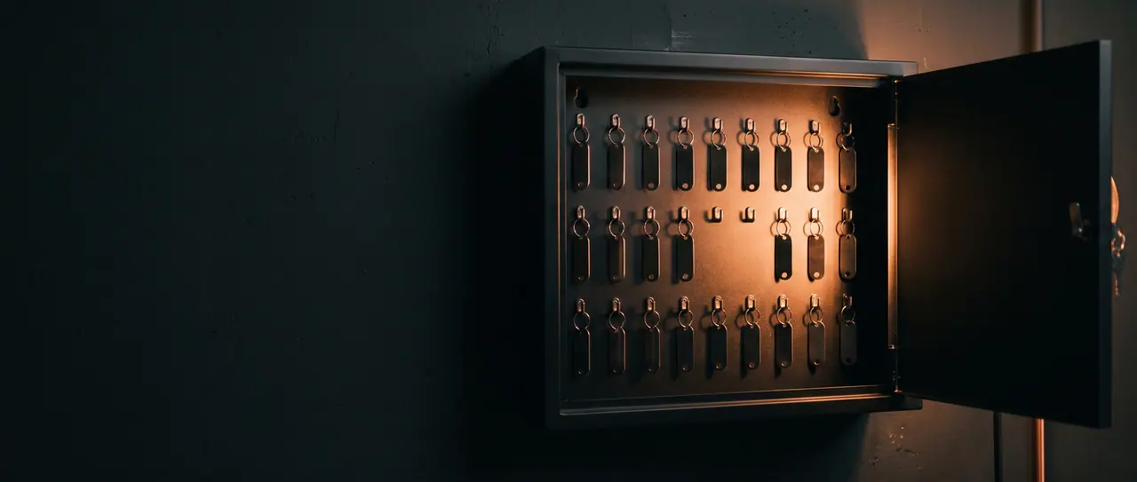 A steel key rack, the hooks individually labelled, two spaces empty.