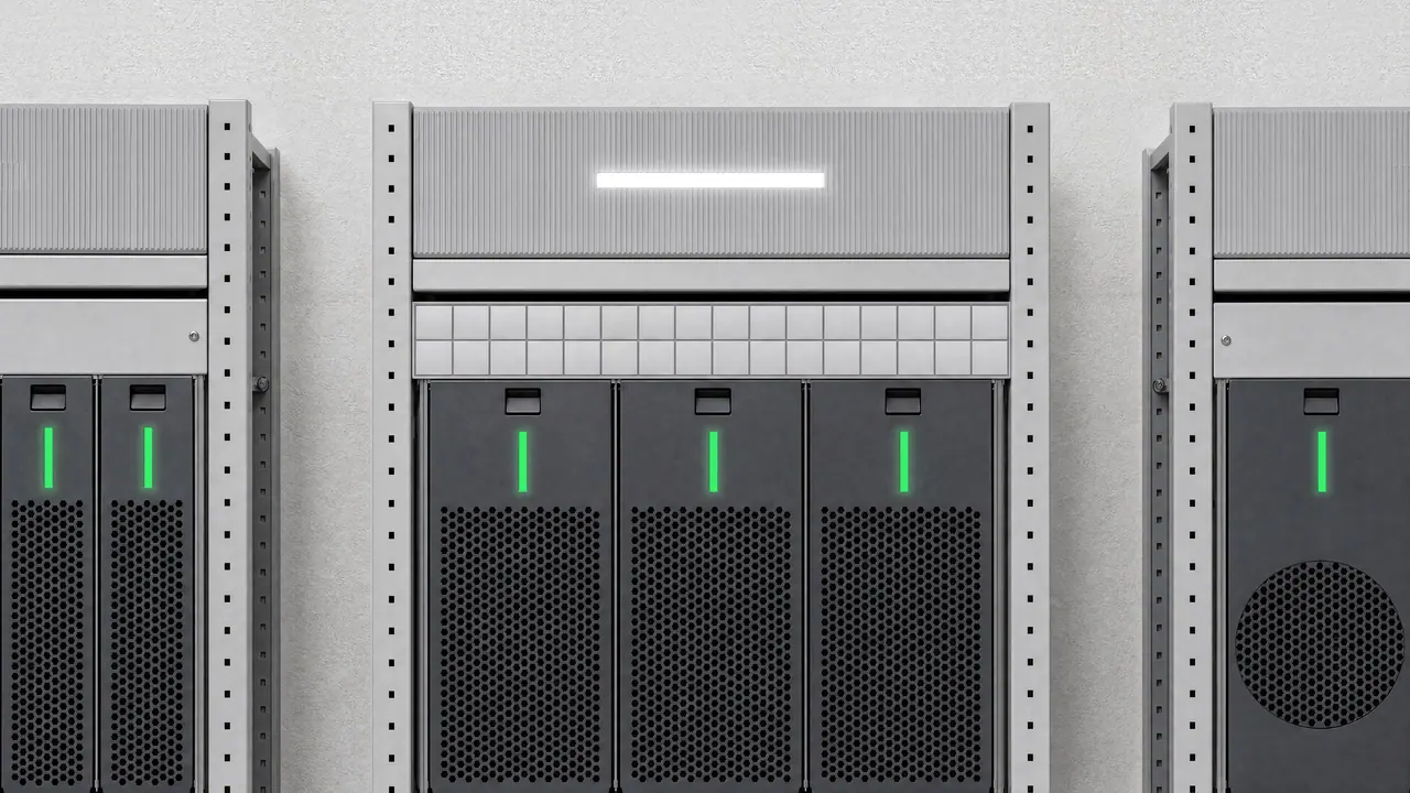 Ein Gestell aus der Nähe: unter der Traverse die Registry-Einheit mit zwei Reihen kleiner, geschlossener Fächer, darunter die Köpfe dreier Rechenknoten mit Griffmulde und grüner Lichtleiste.