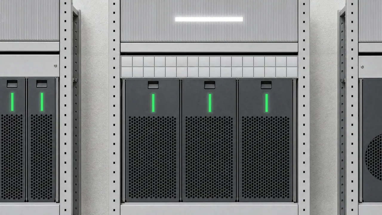 Das mittlere Gestell aus der Nähe: Unter der Steuereinheit mit weißer Lichtleiste sitzt die Registry-Einheit, ein niedriger Streifen aus zwei Reihen kleiner, geschlossener Fächer. Darunter stehen drei doppelt breite Rechenknoten mit grüner Lichtleiste, links und rechts angeschnitten die Nachbargestelle.