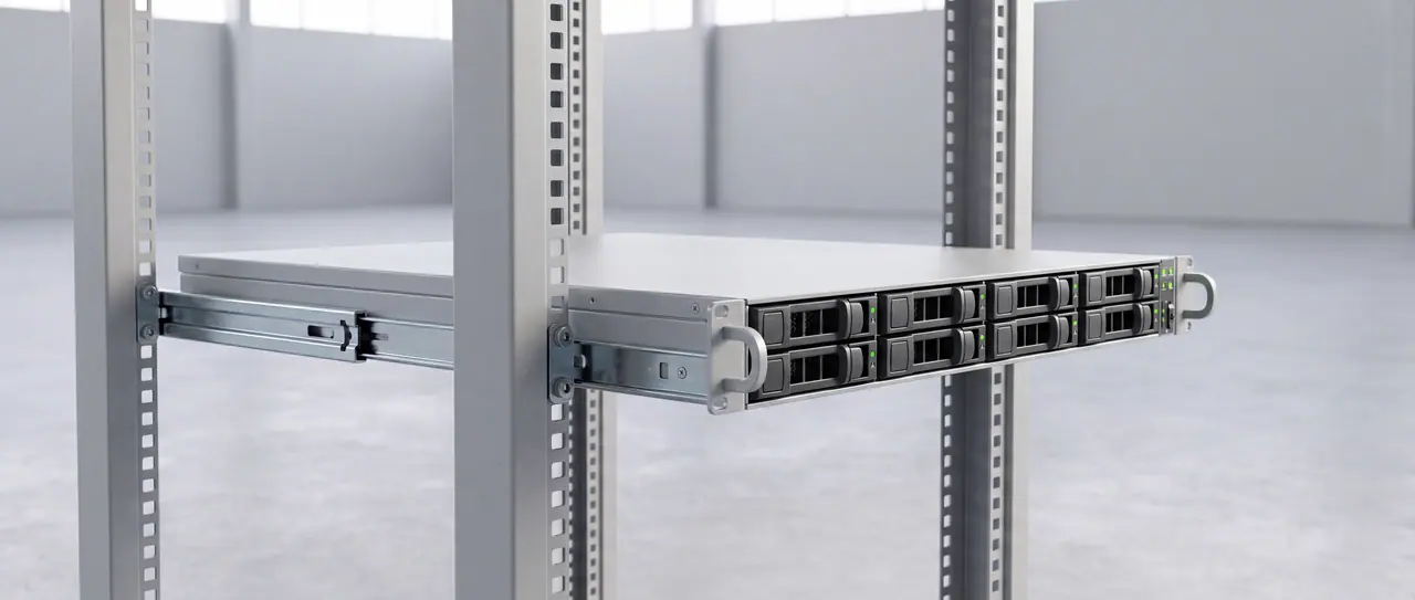 Ein 1-HE-Server auf ausgezogenen Teleskopschienen, halb aus einem offenen hellgrauen Rack gezogen, in einer leeren hellen Halle.