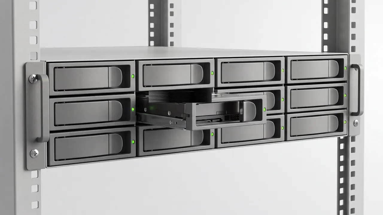 Front eines Speicherservers im hellgrauen Rack mit zwölf Laufwerksträgern; ein Träger ist halb herausgezogen und zeigt das Laufwerk.