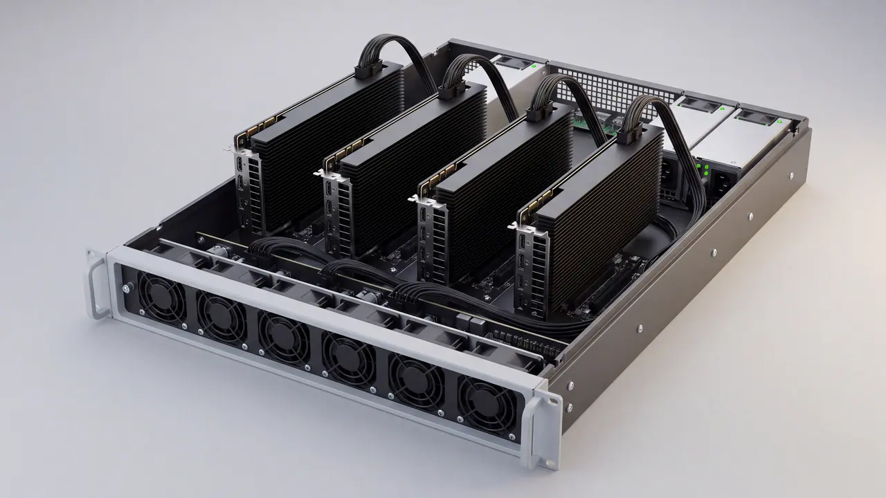 Offener GPU-Server mit vier gleichen Grafikkarten nebeneinander, jede mit gestecktem Stromkabel, davor die Lüfterreihe.