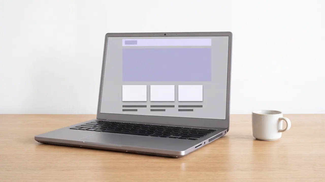 Aufgeklapptes Notebook auf einem hellen Holztisch, auf dem Bildschirm ein Website-Layout aus Flächen und Linien, daneben eine Tasse.