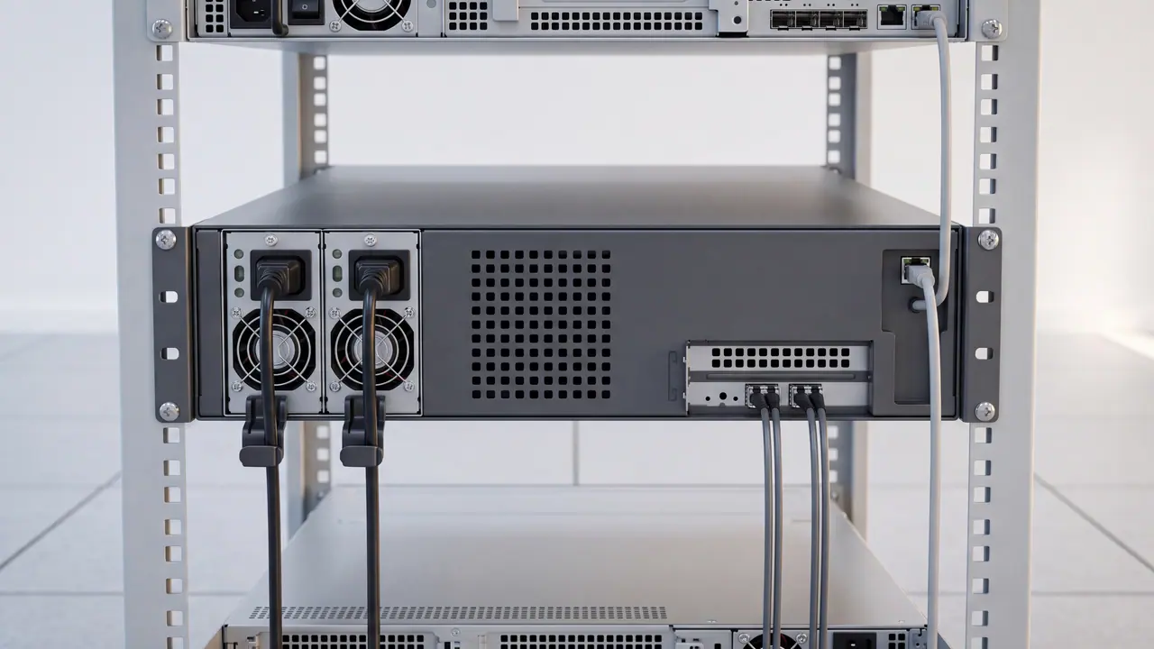 Rückseite eines Hosts im Rack: zwei Netzteile mit gesteckten Kabeln, die Gitter der Lüfter, eine Netzwerkkarte mit zwei Fasern, daneben der abgesetzte Verwaltungsanschluss mit einem hellgrauen Kabel nach oben.