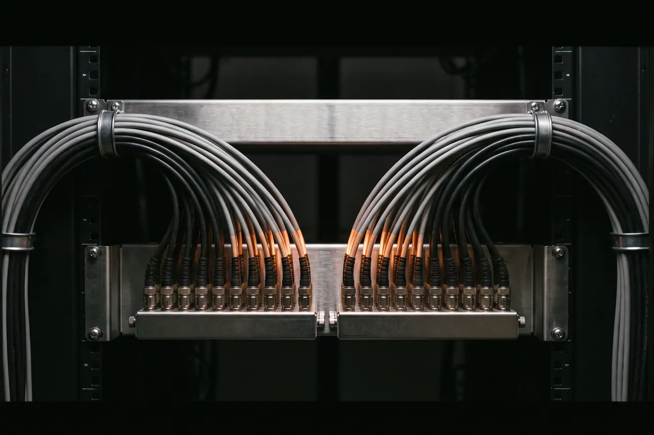 A fibre distribution frame close up from the front: two cable bundles run from the left and right over their own guide rings to their own coupling blocks, without touching.