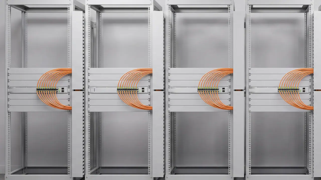 Reihe baugleicher Grenzrouter in offenen Racks, jeder Käfig belegt, orange Glasfaserkabel im Bogen in den Kabelkanal; die Lichter der Ports leben.