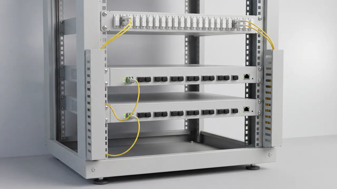Zwei baugleiche Router übereinander im Rack; zwei gelbe Singlemode-Glasfaserkabel führen je in einen der beiden Router.