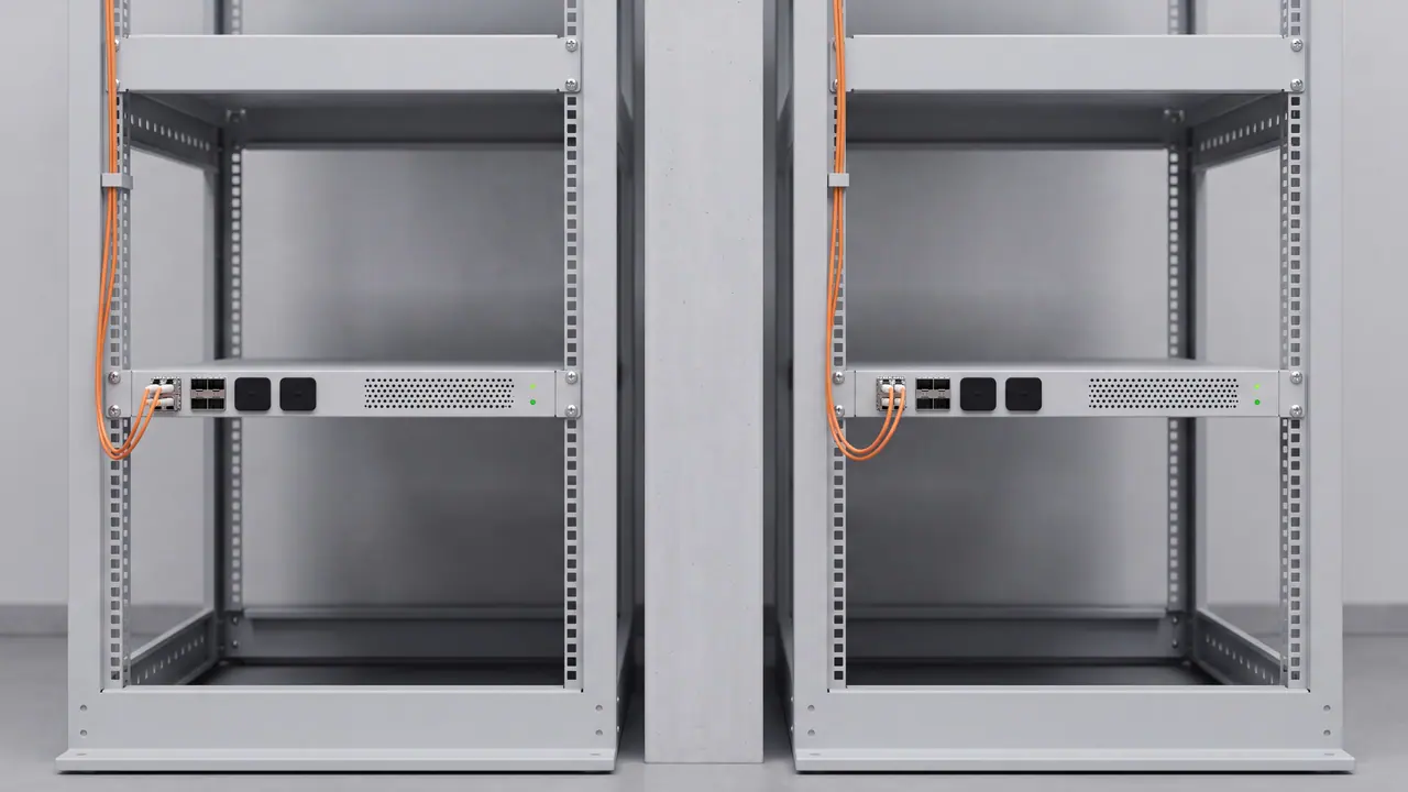 Zwei baugleiche Geräte in zwei Racks, zwischen den Racks eine Brandschutzwand.