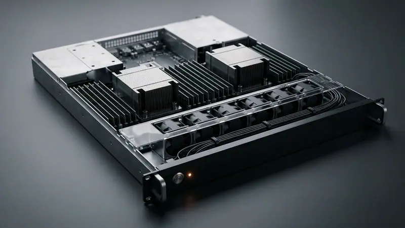 Ein Servergehäuse von oben, die Lüfterreihe dreht gleichmäßig, über den Kupfer-Heatpipes flimmert die Luft.