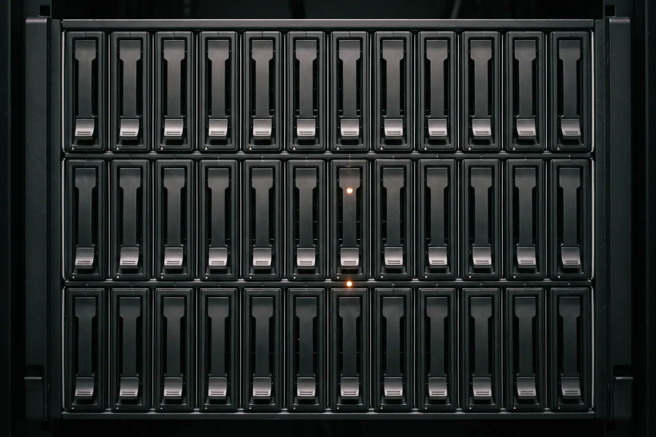 Front of a server chassis, completely filled with twenty-four drive bays in three rows of eight. A copper-coloured indicator lights up on two bays, the surrounding frame fades into darkness.