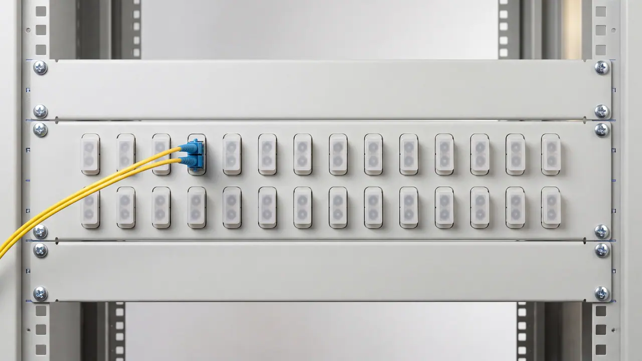 Rangierfeld mit achtundzwanzig Faserkupplungen; eine Kupplung ist mit einem gelben Duplexkabel belegt, alle übrigen tragen Staubkappen.