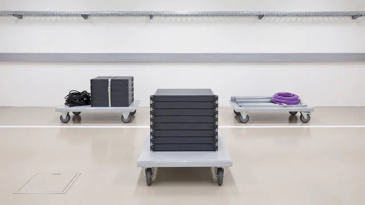 A bright, as yet unoccupied floor in a data centre building: light sealed screed with a continuous white footprint line, behind it a white wall with a horizontal grey cable duct and an empty cable tray above it. Three identical flat transport trolleys on castors stand on the floor, slightly offset from one another. On the front one, in the centre of the picture, is a flush stack of identical anthracite-coloured rack chassis with rack ears; behind it to the left is a block of identical chassis secured with tensioned steel banding, and next to it a ring of coiled black IEC cables; behind it to the right is a flat pile of mounting rails with a roll of purple patch cable on top. At the front left is a connection socket set flush into the floor. There is not a single server cabinet in the room.