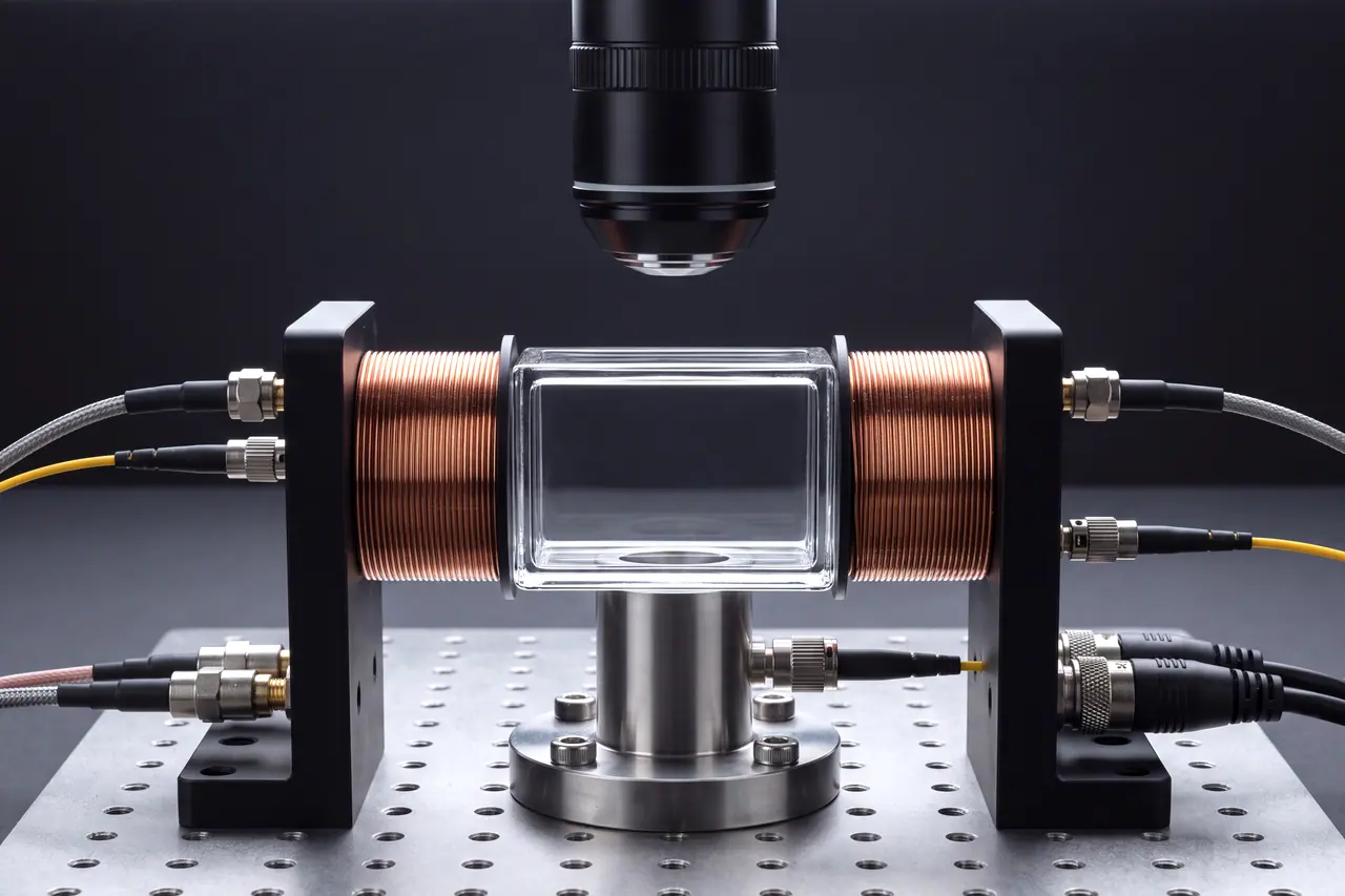 Heart of a neutral atom processor on a dark background: an empty, clear glass cell on a stainless steel tube between two copper coils in black holders, with a black microscope objective above it.