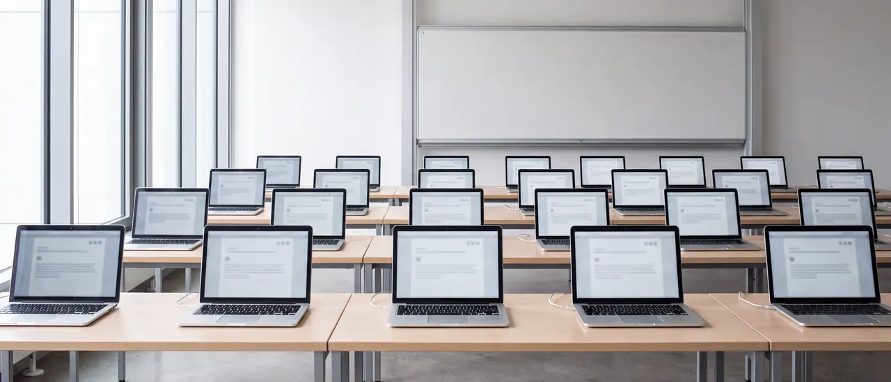 Empty seminar room in daylight before the start of a course: rows of bright tables each with an open laptop, an empty blackboard at the front, high windows on the left.