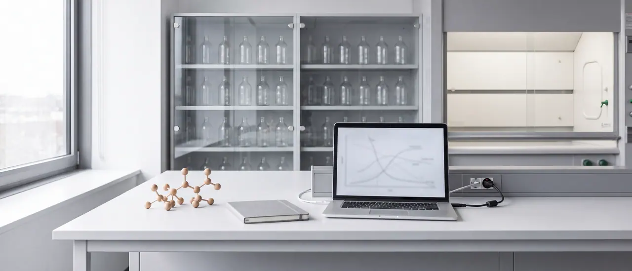 Bright workspace in a chemistry lab by the window: a wooden molecular model kit, a notebook and a laptop with blurred curves, behind it cabinets with unlabelled glass bottles.